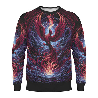 Phoenix Fury Poly French Terry Sweatshirt unisex crewneck with vivid red phoenix all over print on black