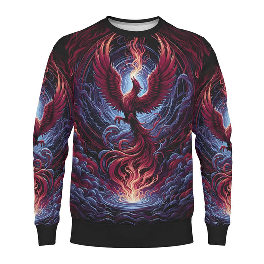 Phoenix Fury Poly French Terry Sweatshirt unisex crewneck with vivid red phoenix all over print on black