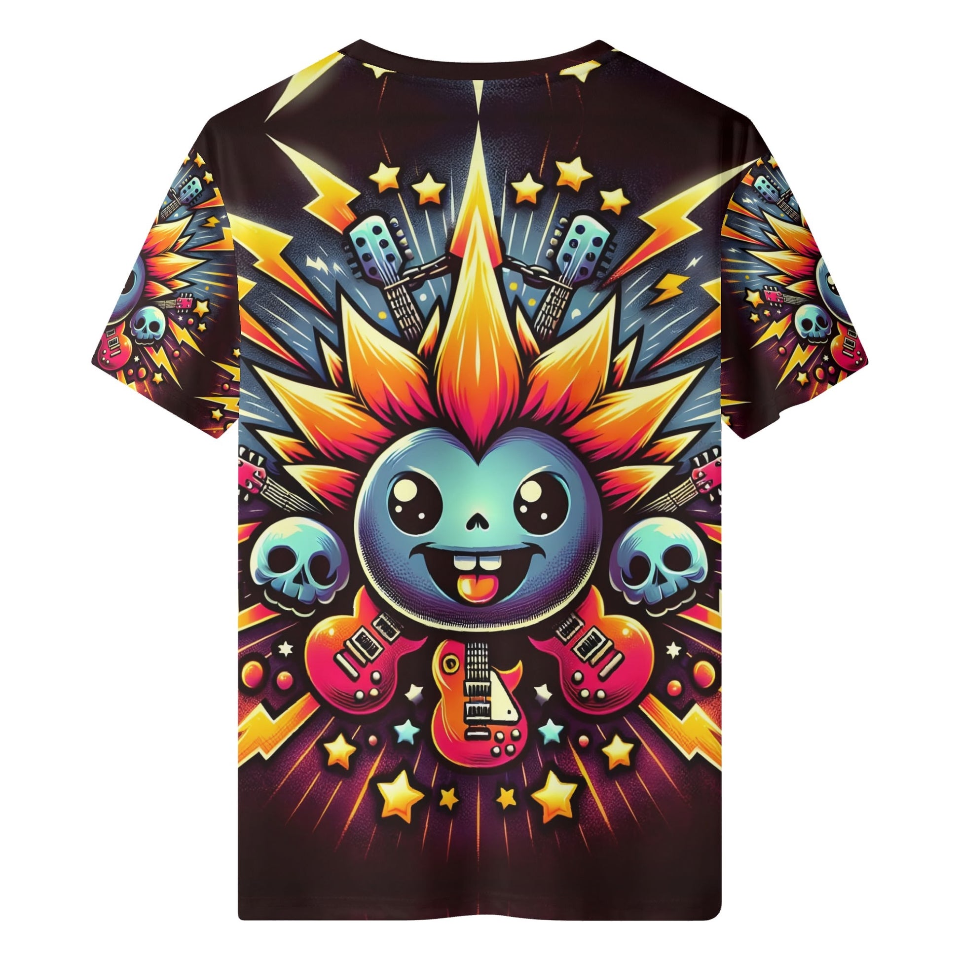 Amped Up Organic Cotton Kids T-Shirt with colorful punk rock design featuring electric guitars and skulls
