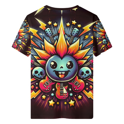Amped Up Organic Cotton Kids T-Shirt with colorful punk rock design featuring electric guitars and skulls