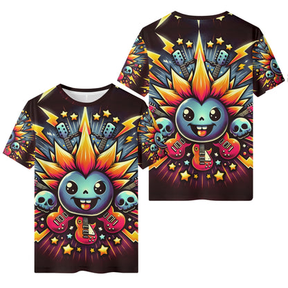 Amped Up Organic Cotton Kids T-Shirt with colorful cartoon character, guitars, skulls, and lightning bolts