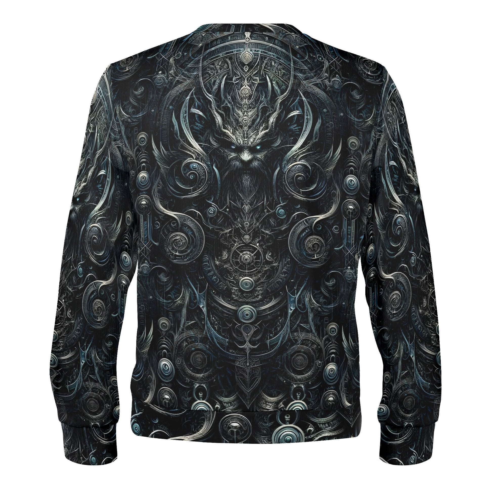Back view of unisex Sigil of Shadows Poly French Terry Sweatshirt by Loud and Lethal with dark intricate gothic sigil art