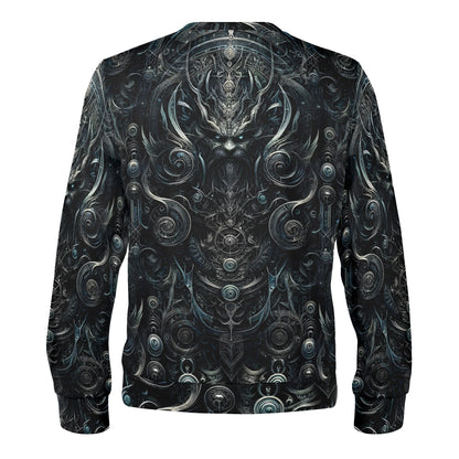 Back view of unisex Sigil of Shadows Poly French Terry Sweatshirt by Loud and Lethal with dark intricate gothic sigil art