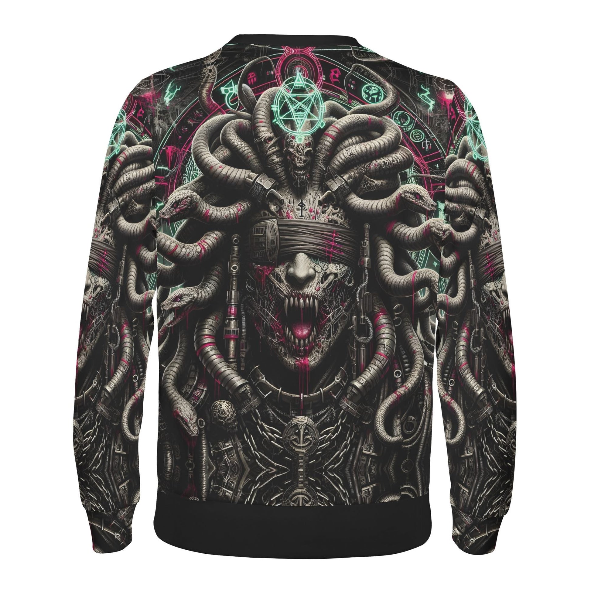 Mythical Monsters Medusa Poly French Terry Sweatshirt unisex back print showing Medusa skull with snake hair and occult symbols