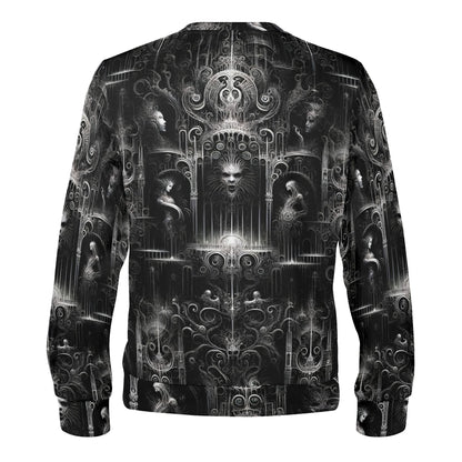 Loud and Lethal unisex black crewneck sweater with ornate gothic faces and filigree Labyrinth of Souls Poly French Terry Sweatshirt