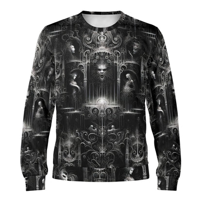 Labyrinth of Souls Poly French Terry Sweatshirt unisex black gothic sweatshirt with ornate faces and arches