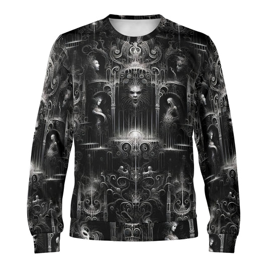 Labyrinth of Souls Poly French Terry Sweatshirt unisex black gothic sweatshirt with ornate faces and arches