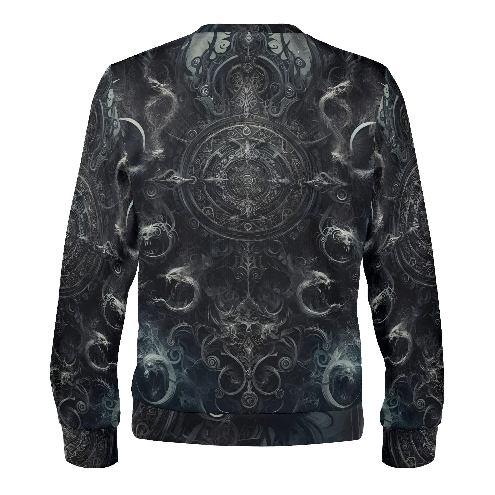 Back view of Loud and Lethal unisex sweater with dark ornate mandala design and The Ornate Prophecy Poly French Terry Sweatshirt.