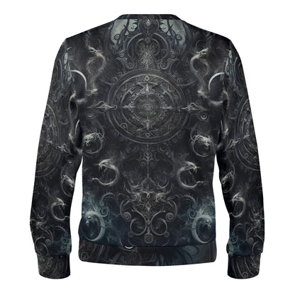 Back view of Loud and Lethal unisex sweater with dark ornate mandala design and The Ornate Prophecy Poly French Terry Sweatshirt.