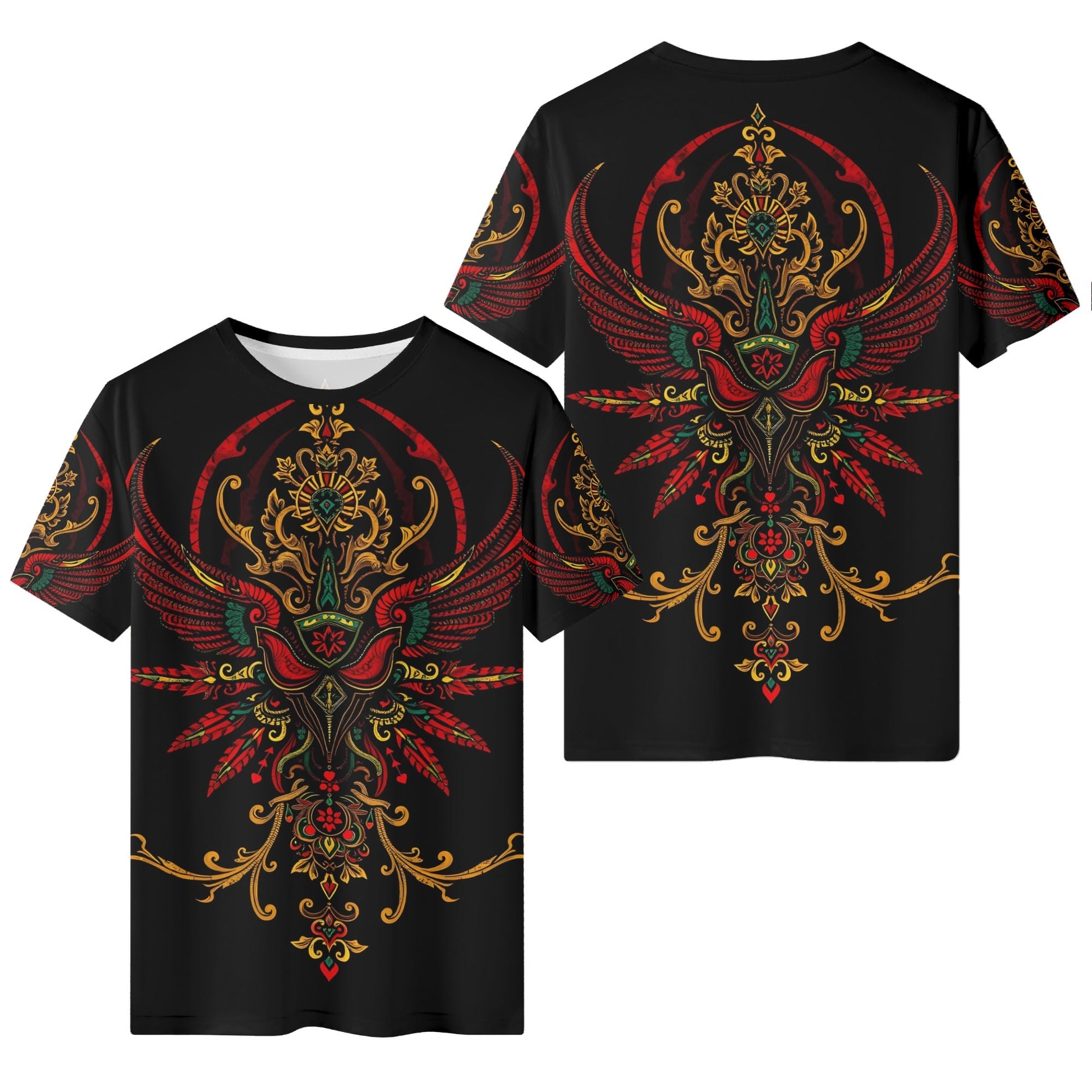 Loud and Lethal Ornate Uprising Lycra T-Shirt Limited Edition unisex black tee with red gold winged ornamental design