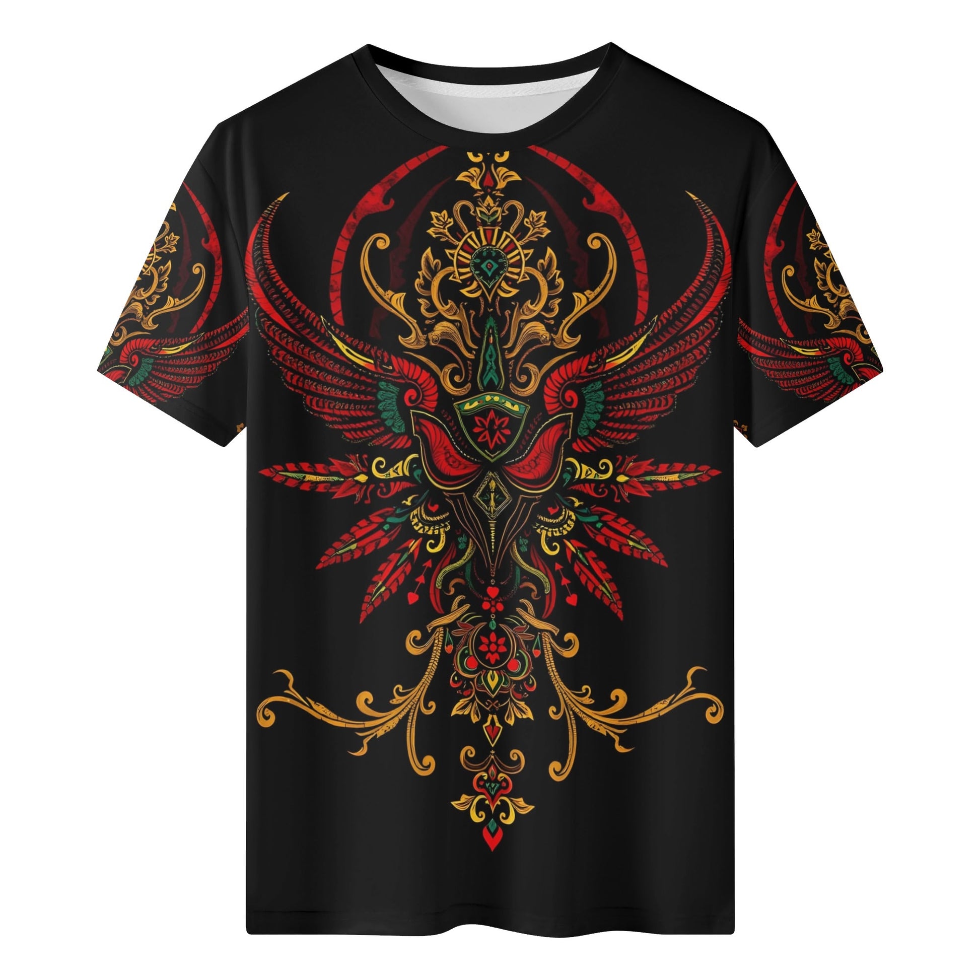 Loud and Lethal Ornate Uprising Lycra T-Shirt Limited Edition black unisex tee with red and gold ornate winged crest design