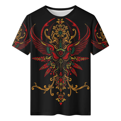 Loud and Lethal Ornate Uprising Lycra T-Shirt Limited Edition black unisex tee with red and gold ornate winged crest design