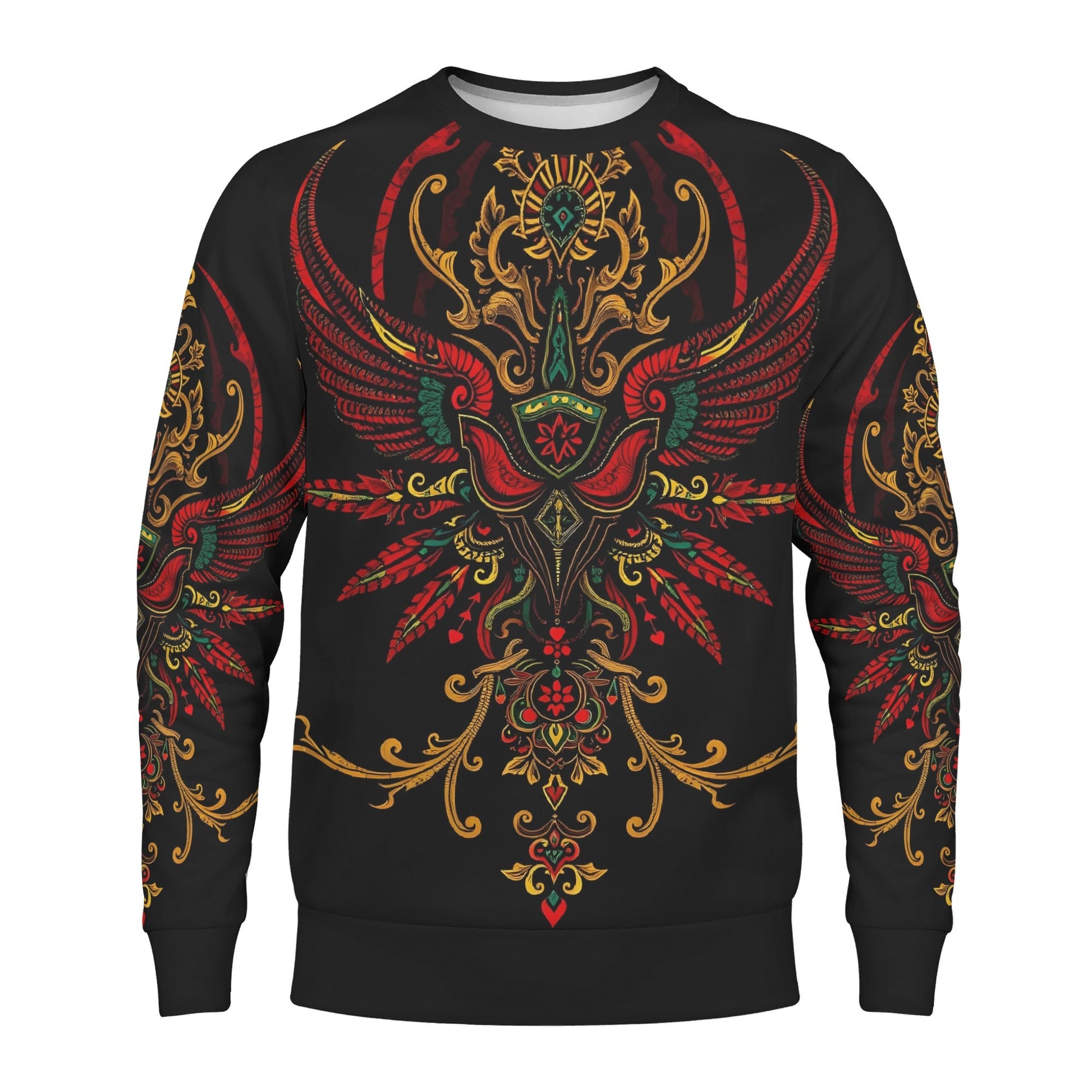 Ornate Uprising Poly French Terry Sweatshirt Limited Edition unisex black sweater with red green gold phoenix design