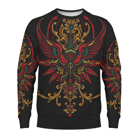 Ornate Uprising Poly French Terry Sweatshirt Limited Edition unisex black sweater with red green gold phoenix design