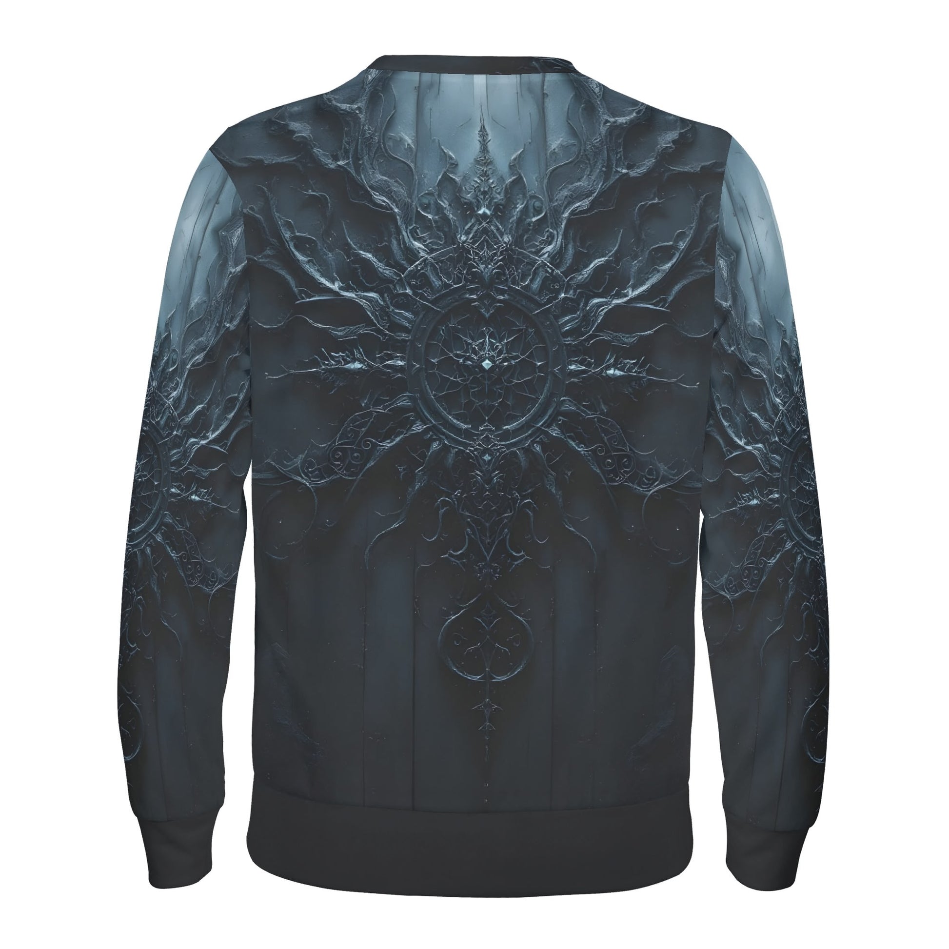 Darkened Essence Poly French Terry Sweatshirt unisex sweater back view with dark blue ornate gothic mandala design