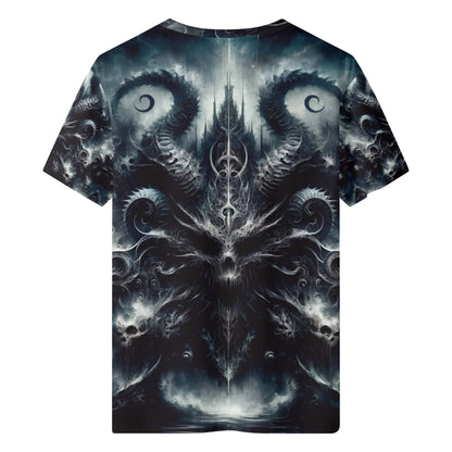 Ashen Spiral of the Endborn Lycra T-Shirt by Loud and Lethal featuring dark demonic skull and swirling horn design