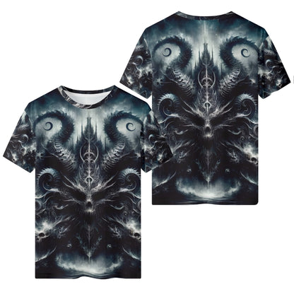 Loud and Lethal Ashen Spiral of the Endborn Lycra T-Shirt with dark mystical spiral design unisex