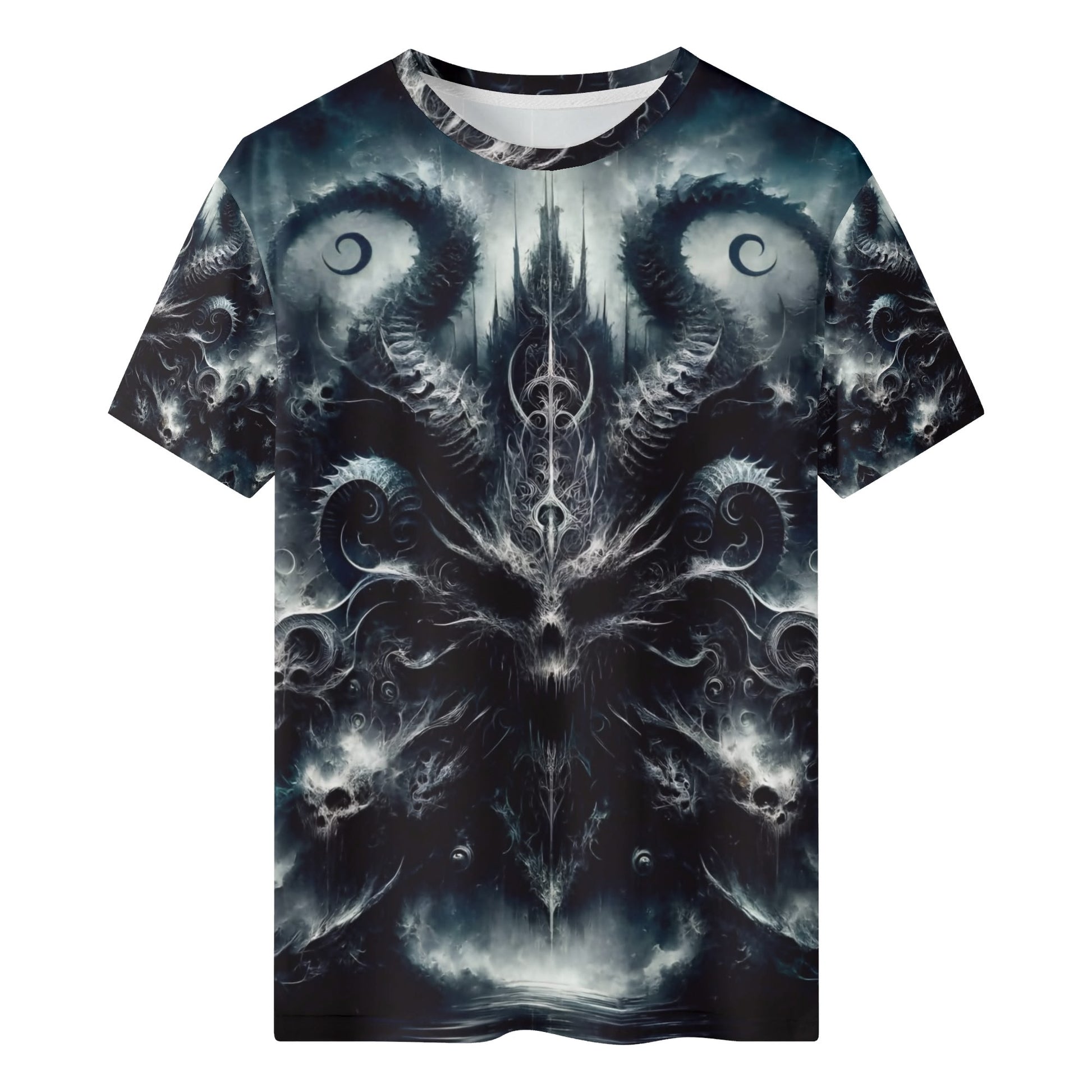 Ashen Spiral of the Endborn Lycra T-Shirt by Loud and Lethal featuring dark intricate demonic spiral horn design