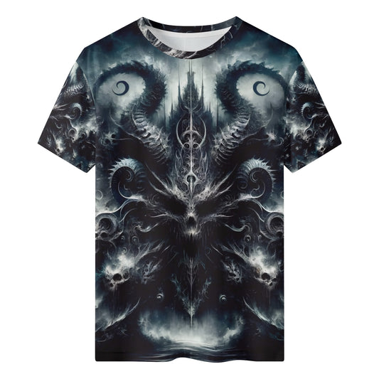 Ashen Spiral of the Endborn Lycra T-Shirt by Loud and Lethal featuring dark intricate demonic spiral horn design