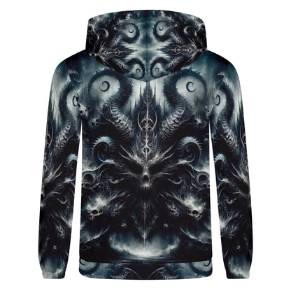 Ashen Spiral of the Endborn Poly French Terry Hoodie unisex black and gray fantasy design by Loud and Lethal