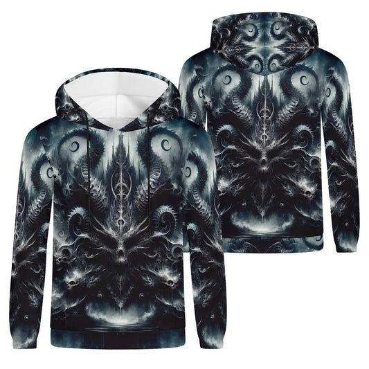 Ashen Spiral of the Endborn Poly French Terry Hoodie by Loud and Lethal unisex black and gray abstract design hoodie