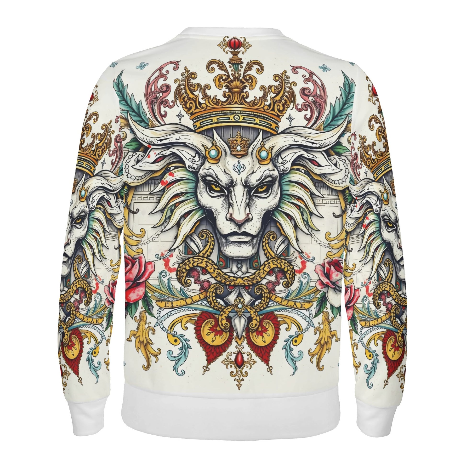Mystical Majesty Limited Edition Poly French Terry Sweatshirt unisex white sweater with crowned lion and ornate floral print