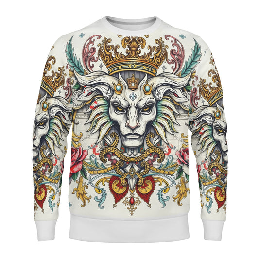 Unisex sweater with ornate crowned ram and baroque florals on white Mystical Majesty Limited Edition Poly French Terry Sweatshirt