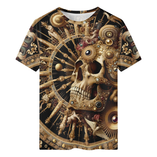 Baroque Bliss 100% Cotton T-Shirt featuring detailed steampunk skull and ornate golden design