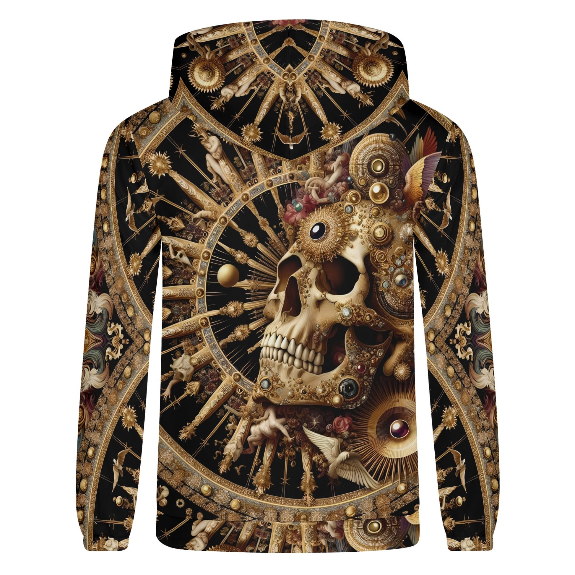 Baroque bliss cotton terry hoodie featuring an intricate gold and black skull design with ornate decorative elements