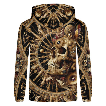 Baroque bliss cotton terry hoodie featuring an intricate gold and black skull design with ornate decorative elements