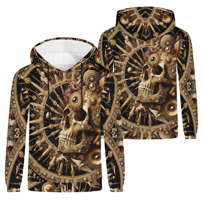 Baroque bliss cotton terry hoodie with intricate skull and gear design in gold and black