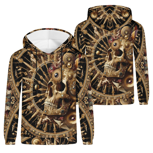 Baroque bliss cotton terry hoodie with intricate skull and gear design in gold and black