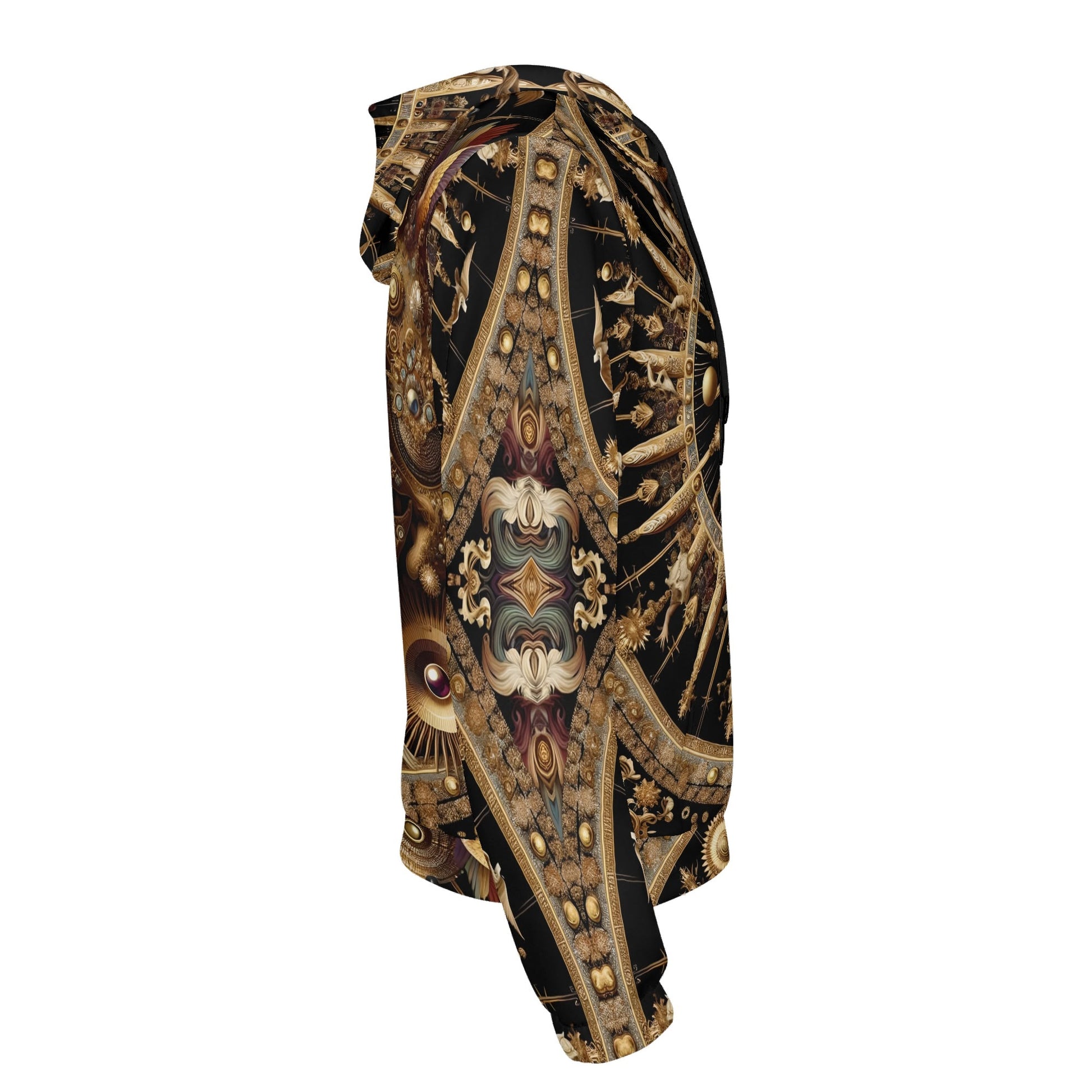Side view of Loud and Lethal baroque bliss cotton terry hoodie with intricate gold and black ornate design