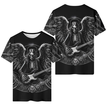 Bass Angel 100 Cotton T-Shirt by Loud and Lethal featuring a skeleton angel playing bass guitar on black