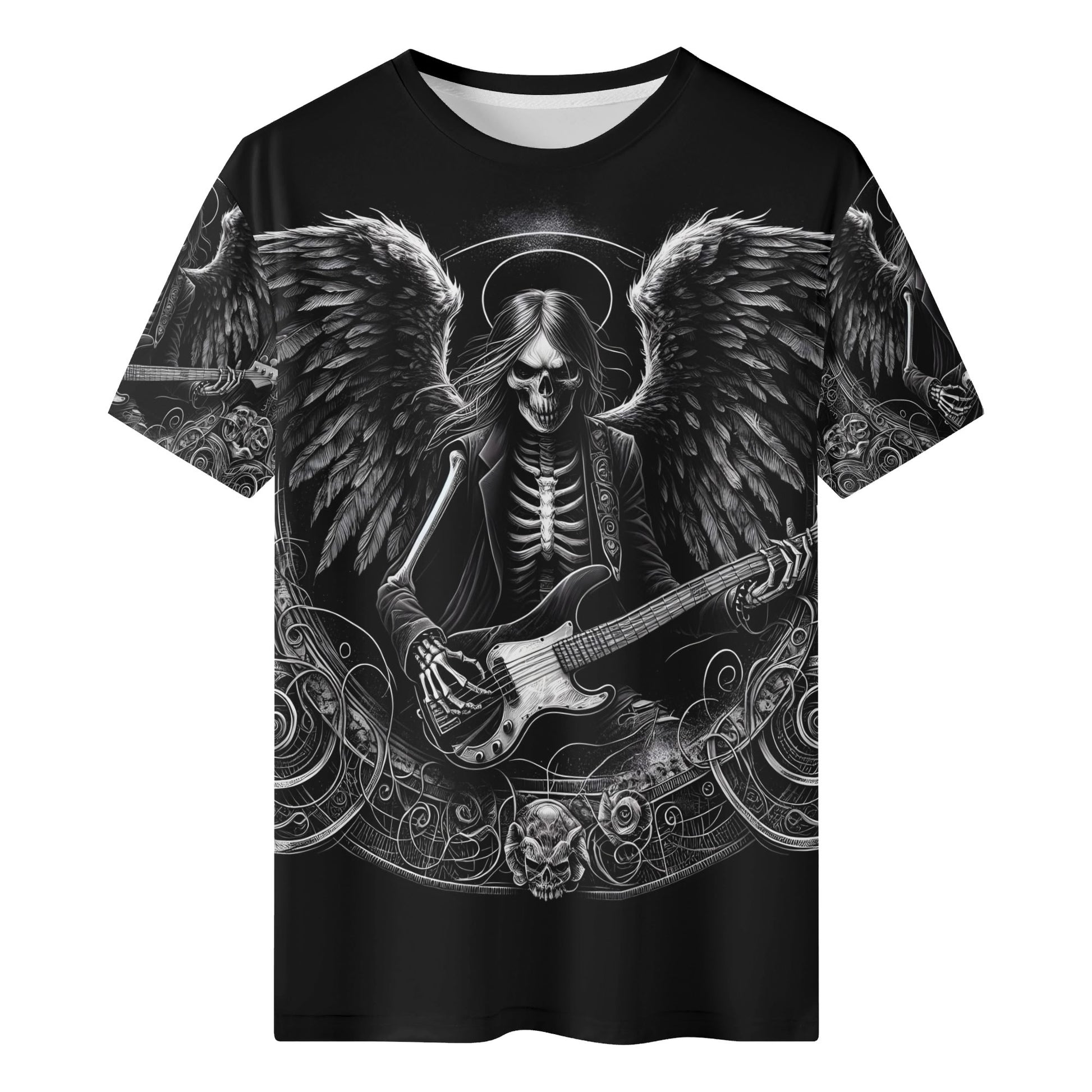Bass Angel 100 Cotton T-Shirt featuring a black skeleton angel playing bass guitar with detailed wings