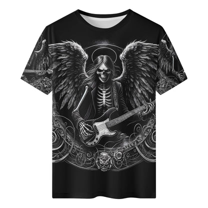 Bass Angel 100 Cotton T-Shirt featuring a black skeleton angel playing bass guitar with detailed wings