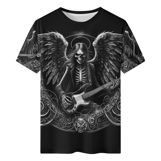 Bass Angel 100 Cotton T-Shirt featuring a black skeleton angel playing bass guitar with detailed wings