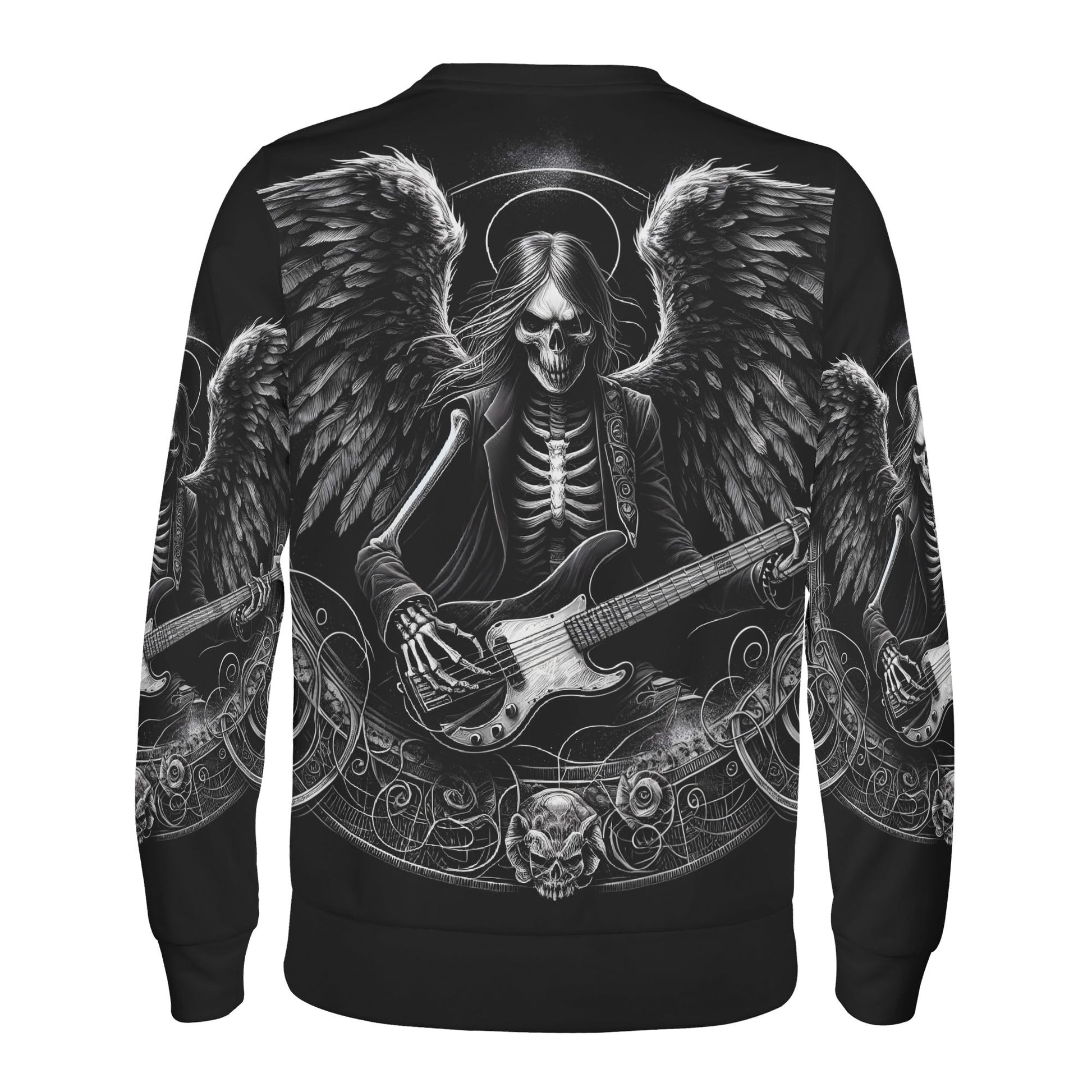 Loud and Lethal Bass Angel Poly French Terry Sweatshirt black unisex with skeletal angel playing bass and back graphic
