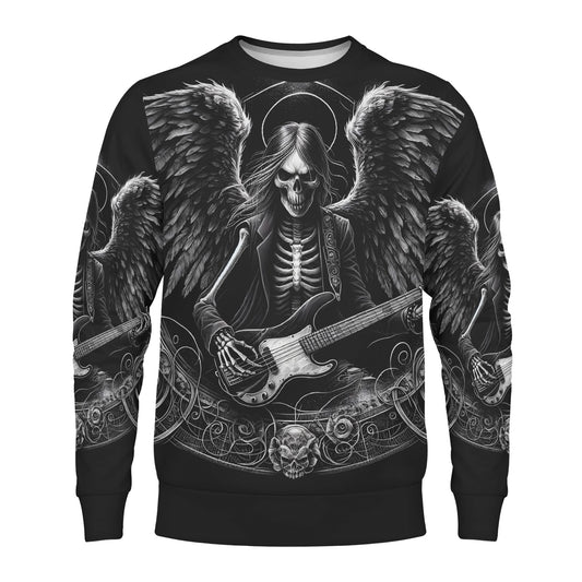 Loud and Lethal Bass Angel Poly French Terry Sweatshirt unisex black skeleton angel playing bass guitar
