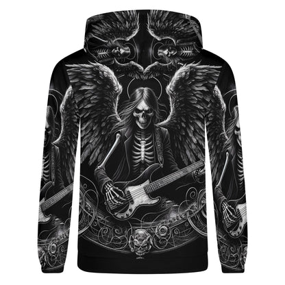 Bass Angel Cotton Terry Hoodie with skeleton angel playing bass guitar graphic in black and gray