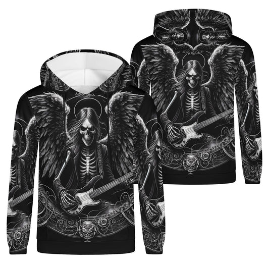 Bass Angel Cotton Terry Hoodie by Loud and Lethal featuring black and white skeleton angel playing guitar design