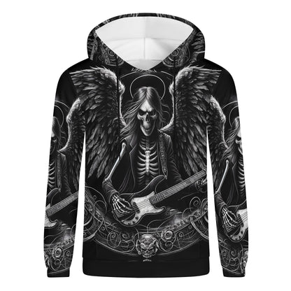 Bass Angel Cotton Terry Hoodie by Loud and Lethal featuring black angel skeleton playing electric guitar