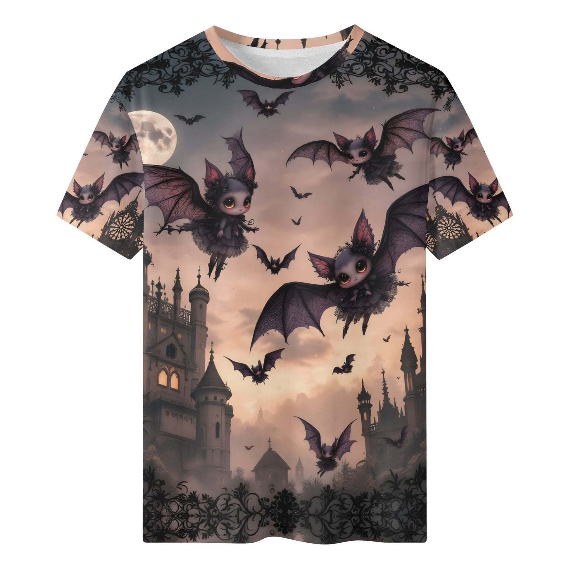 Batty Wonderland Kids Org Cotton T-Shirt featuring flying bats and a spooky castle graphic for kids