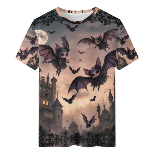 Batty Wonderland Kids Org Cotton T-Shirt featuring flying bats and a spooky castle graphic for kids