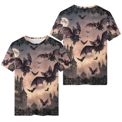 Batty Wonderland Kids Org Cotton T-Shirt with cute bats flying over a spooky castle at dusk