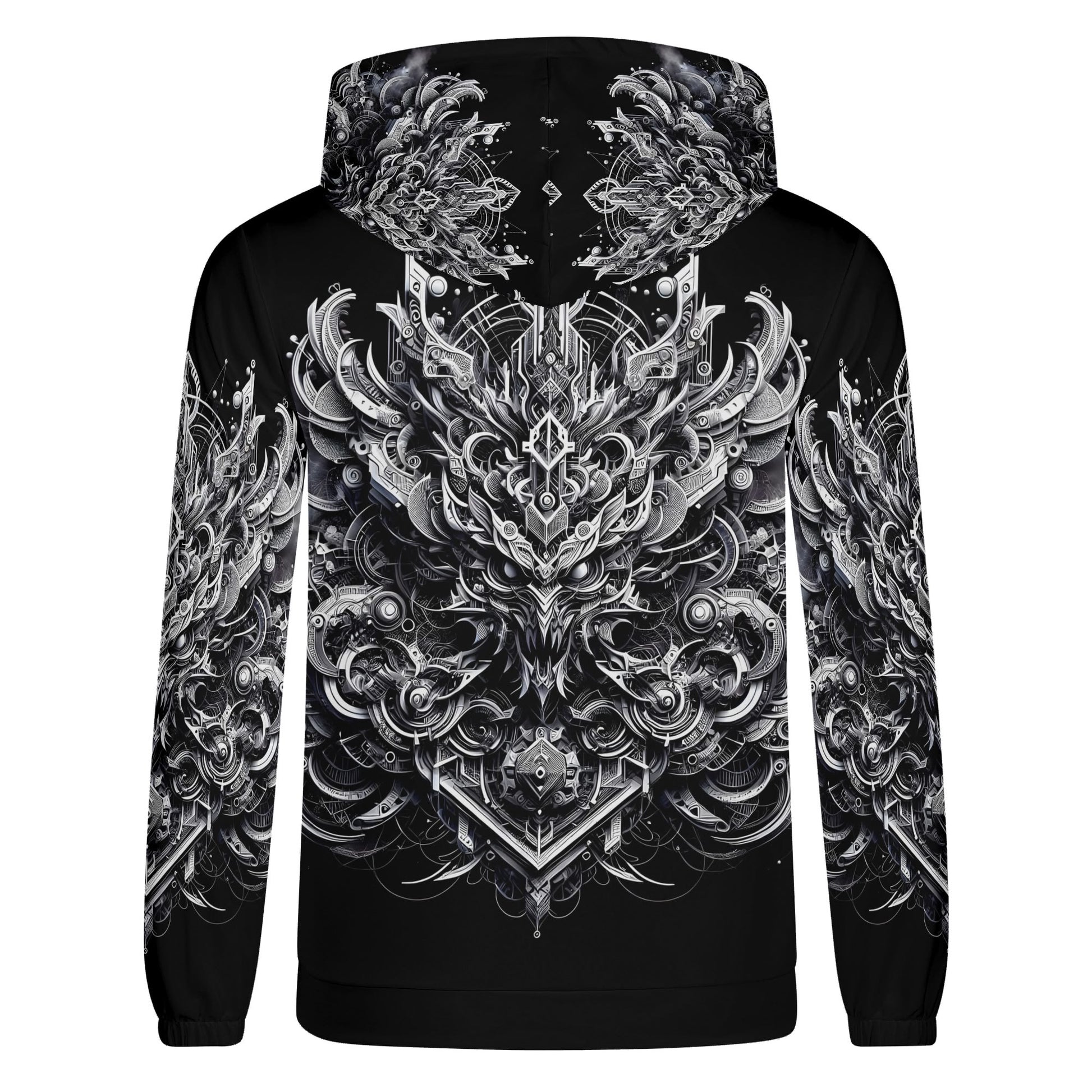 Back view of Loud and Lethal Beast in Motion Cotton Terry hoodie with intricate black and white mechanical beast design