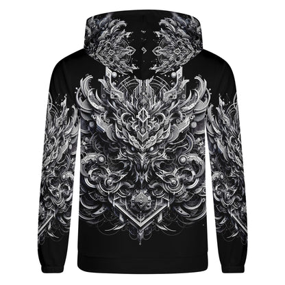 Back view of Loud and Lethal Beast in Motion Cotton Terry hoodie with intricate black and white mechanical beast design
