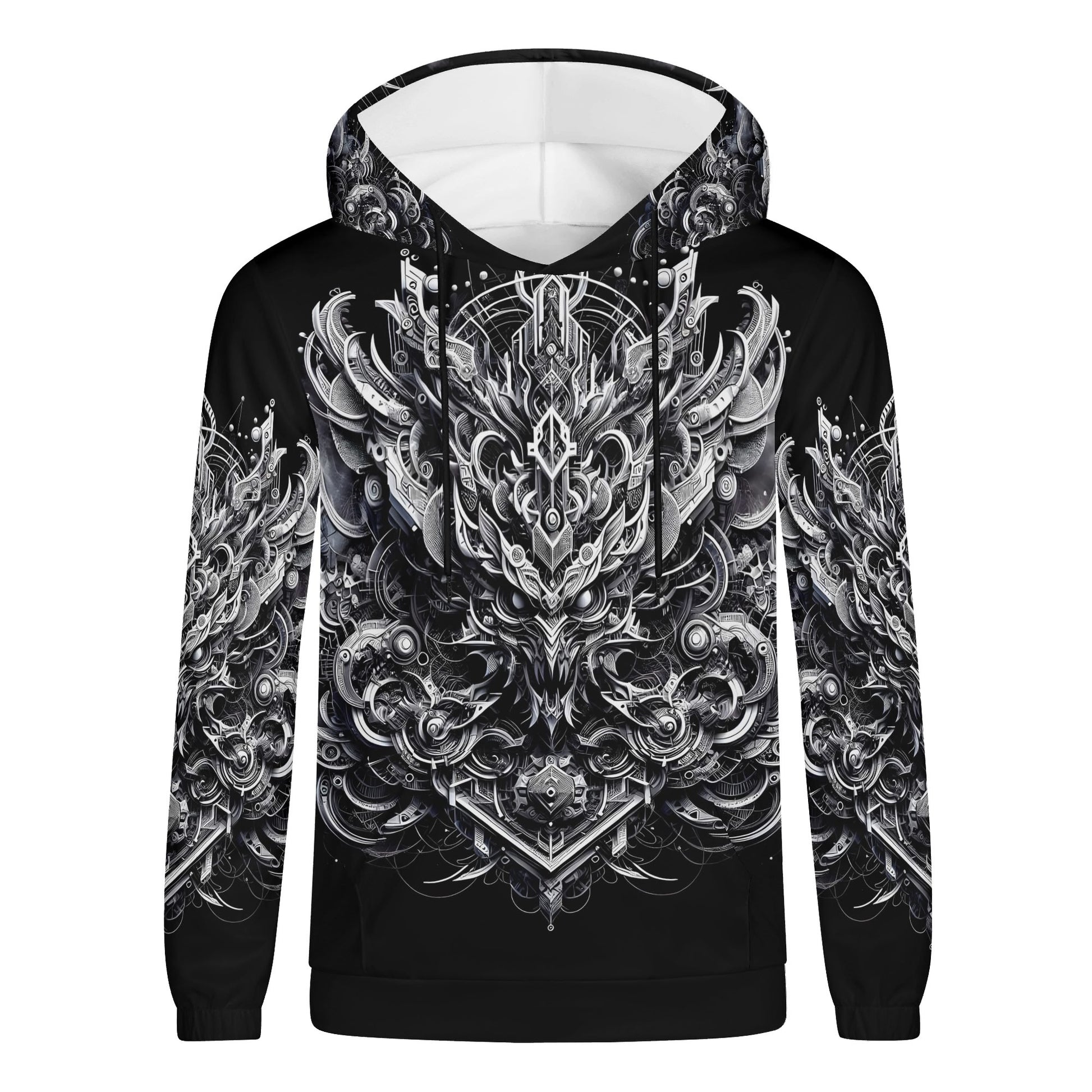 Black unisex Beast in Motion Cotton Terry hoodie with intricate silver mechanical dragon design