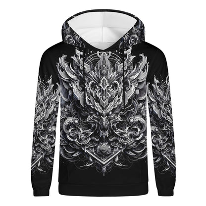 Black unisex Beast in Motion Cotton Terry hoodie with intricate silver mechanical dragon design