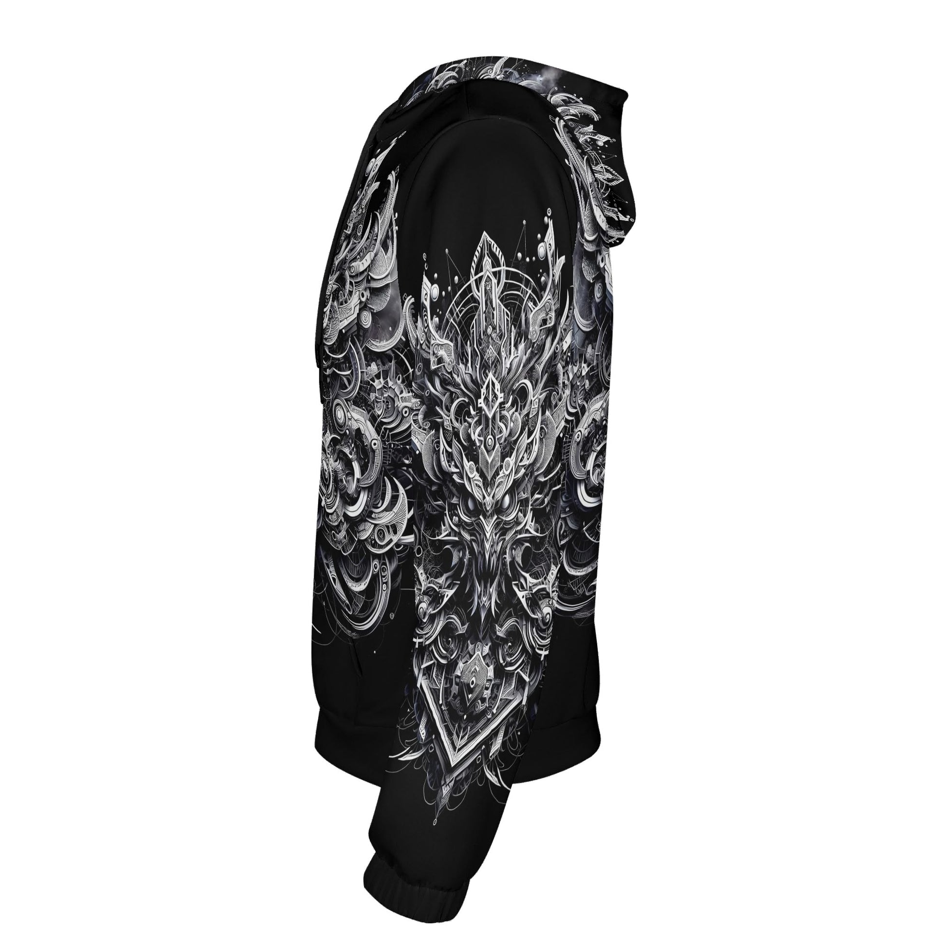 Black unisex Beast in Motion Cotton Terry hoodie by Loud and Lethal with intricate white graphic design on sleeve and hood